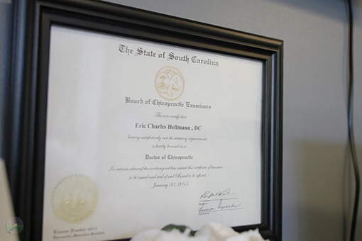 Chiropractor's Certificate Displayed in Tega Cay SC Clinic